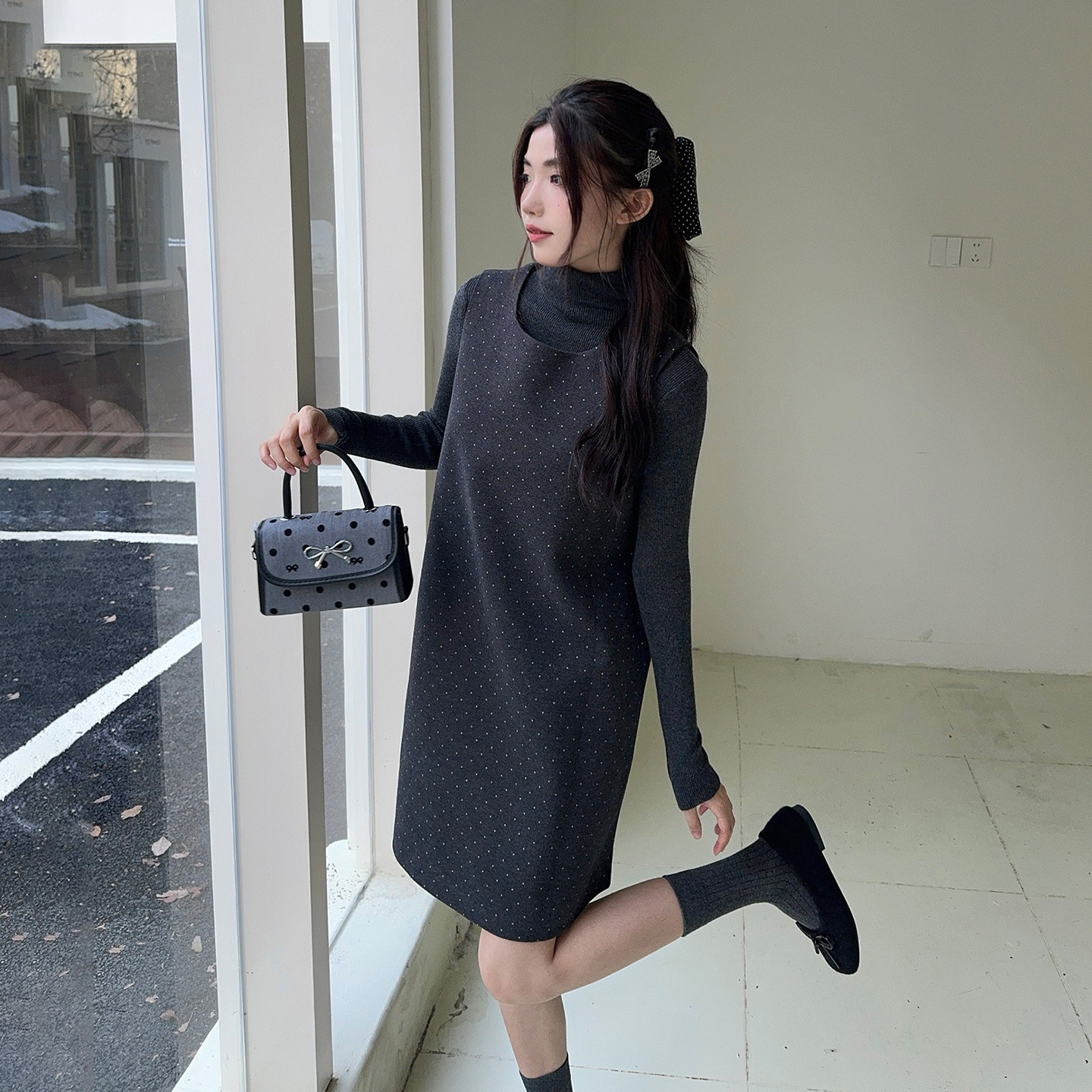 （有现货）小香风波点连衣裙A版两件套尼料背心裙B280-P145-K195,女装连衣裙,浙宝280