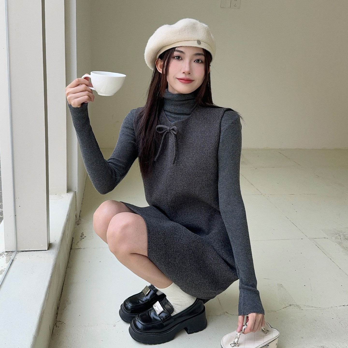 两件套蝴蝶结套装背心连衣裙显瘦针织尼料直筒裙B280-P155-205,女装连衣裙,浙宝280