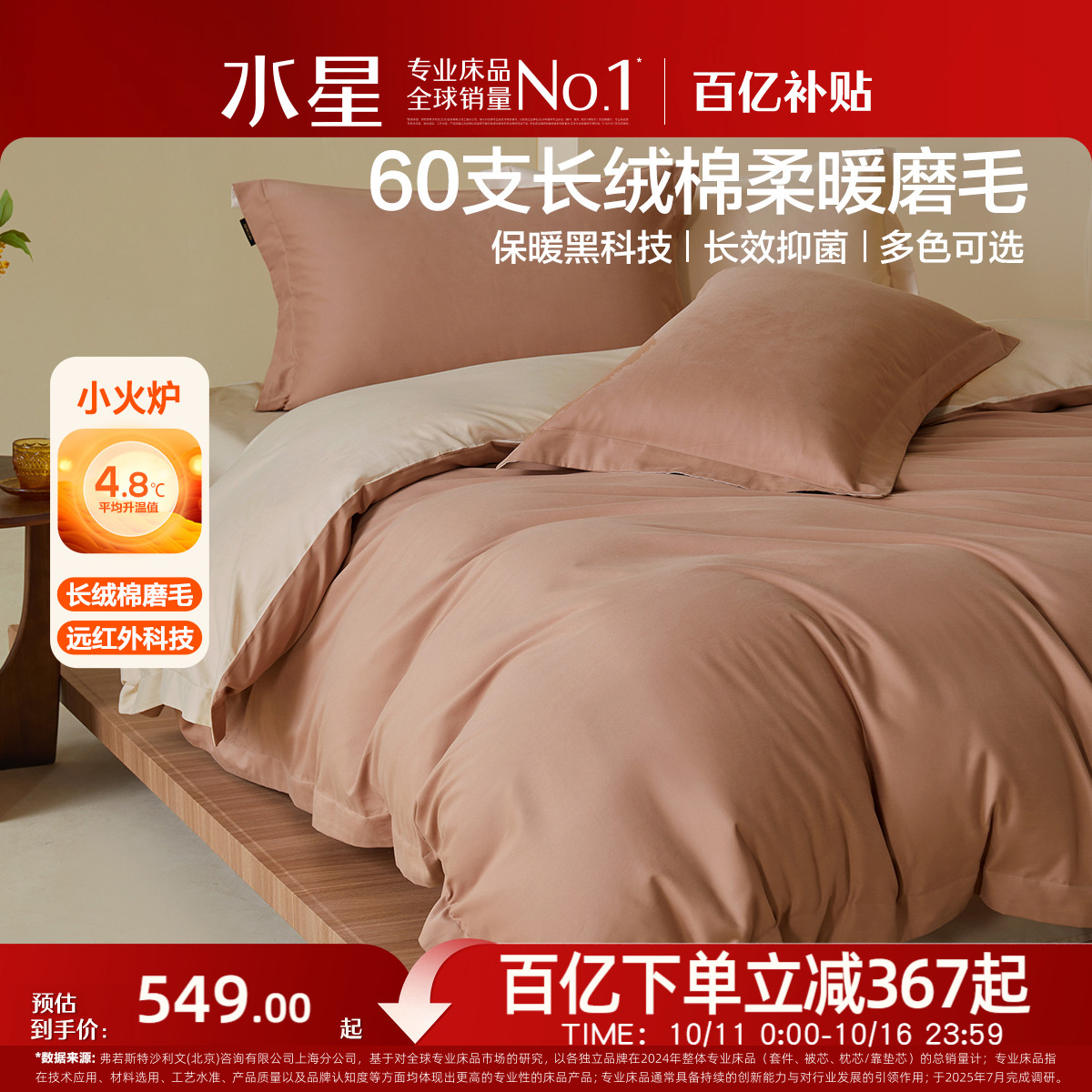 水星家纺60支长绒棉双面磨毛套件