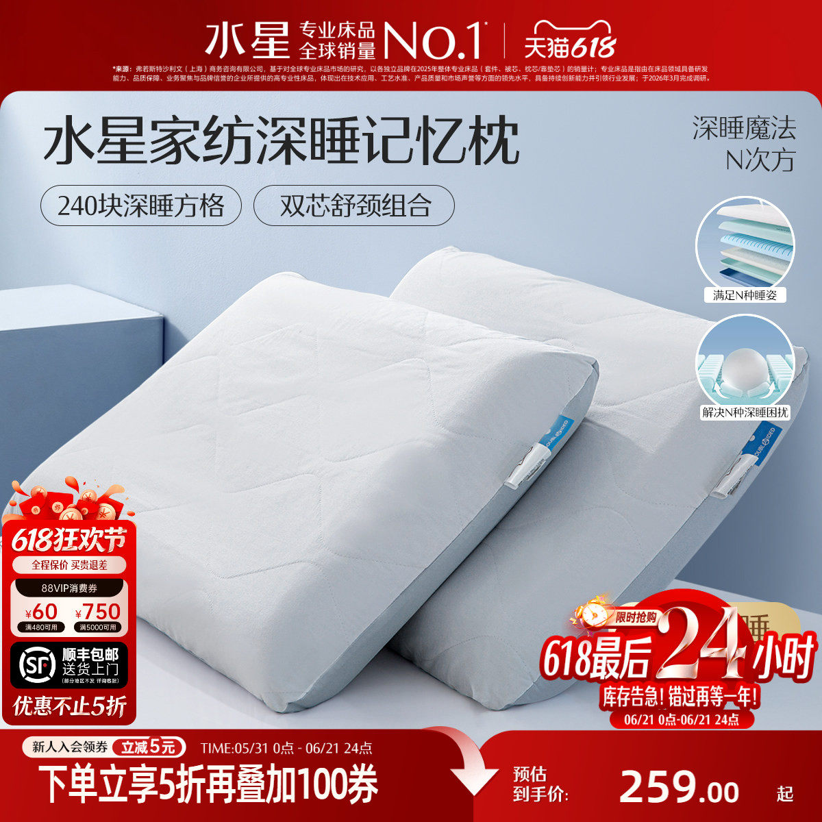 水星家纺慢回弹记忆棉枕芯
