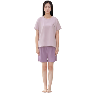 水星家纺家居服夏季情侣睡衣女夏天纯色短袖短裤两件套男女套装