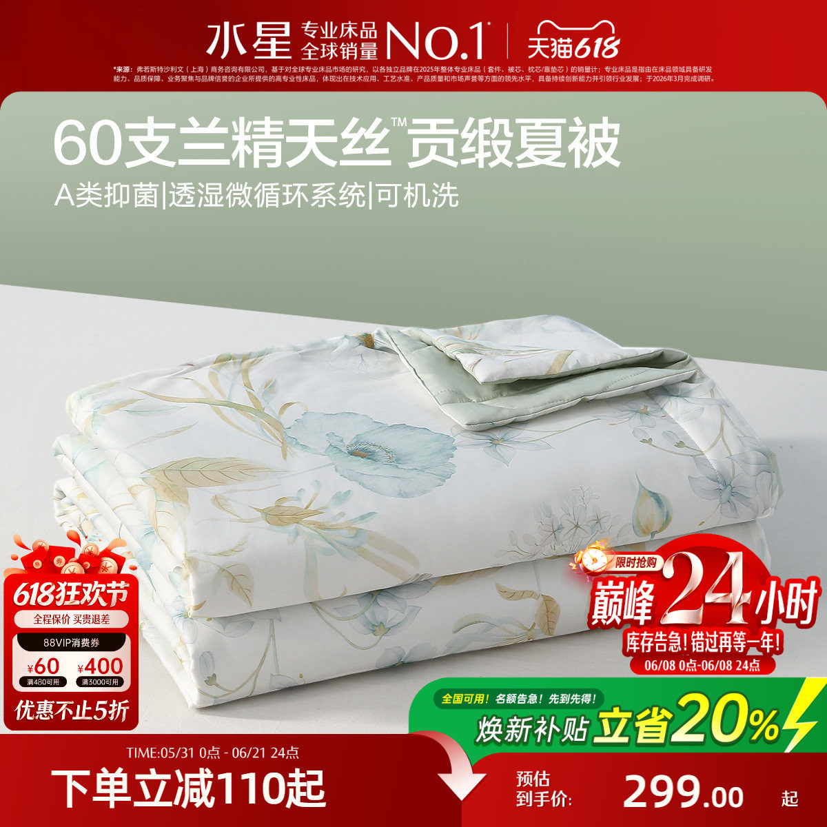 水星家纺60支天丝抑菌夏凉被