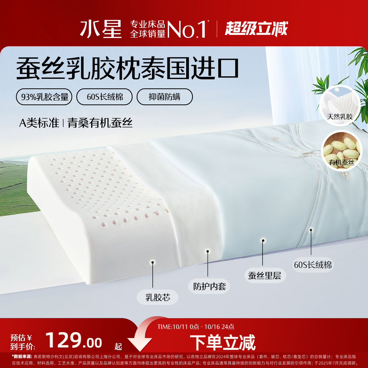 水星家纺泰国原液进口天然乳胶枕芯A类呵护颈椎枕头青桑有机蚕丝