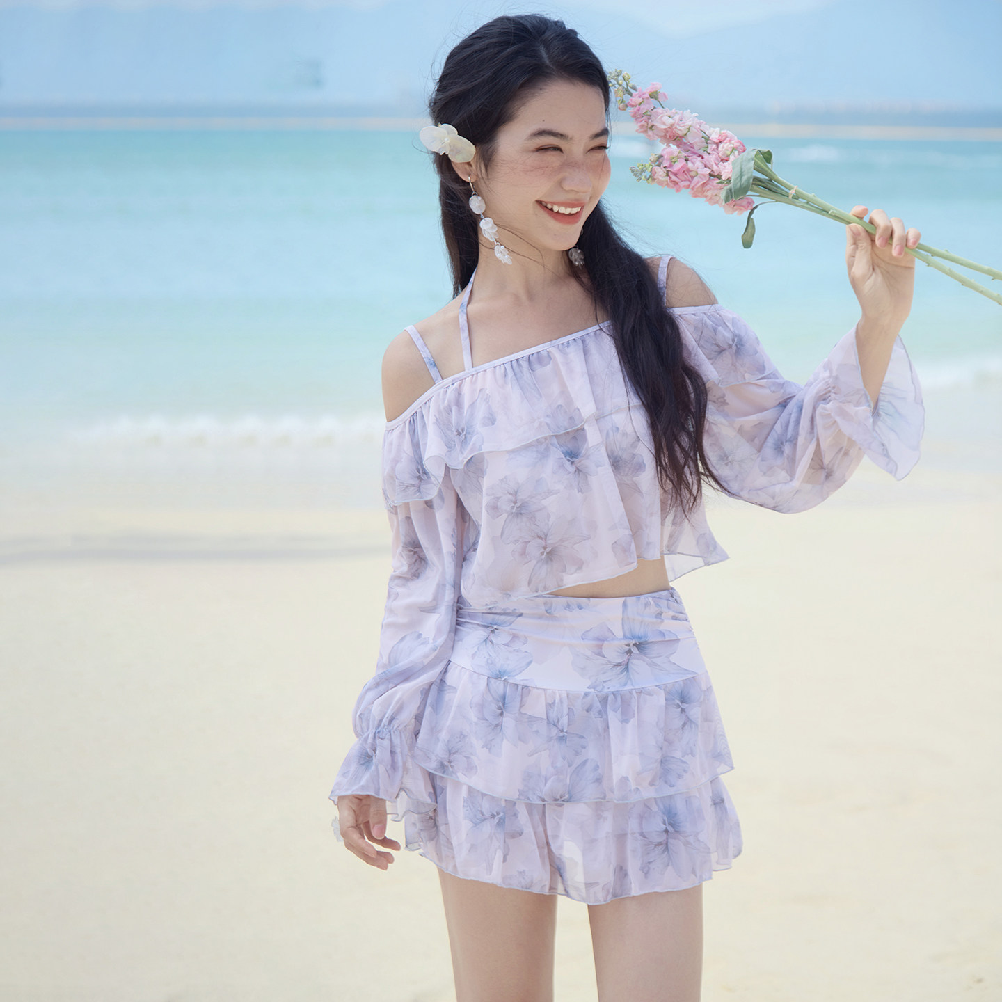 三奇分体泳衣女2025新款海边度假泡温泉比基尼三件套优雅性感泳装
