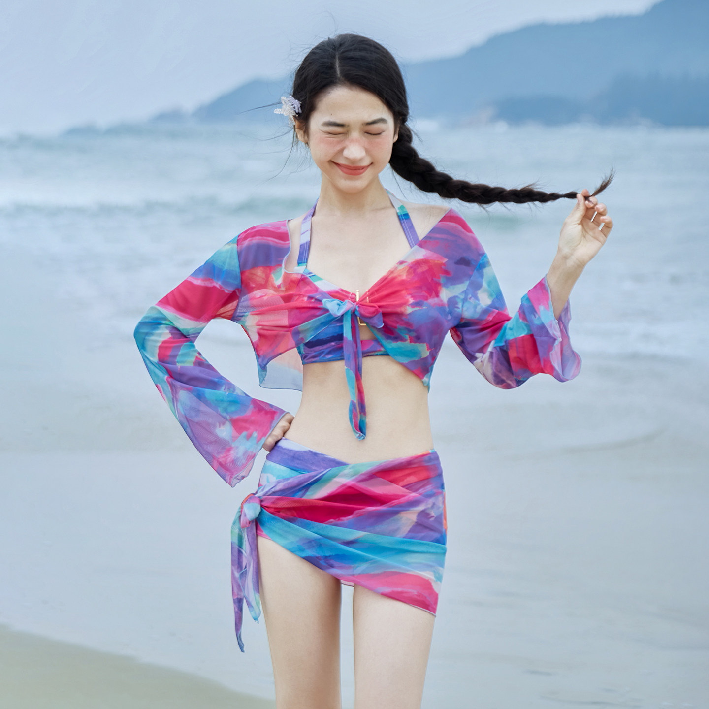 三奇分体泳衣女25新款性感时尚色彩温泉海边度假比基尼四件套泳装