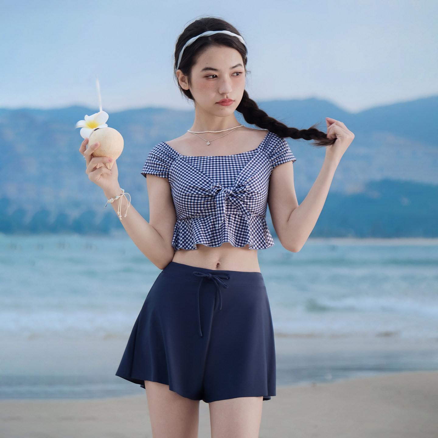 三奇复古格子纹分体泳衣女高级感2025新款泡温泉沙滩度假泳装显瘦