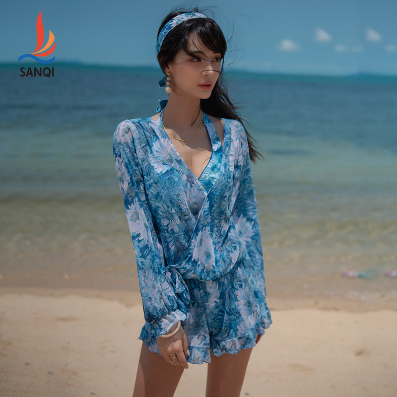 三奇梦幻蓝长袖防晒平角分体泳衣三件套女温泉度假比基尼性感泳装