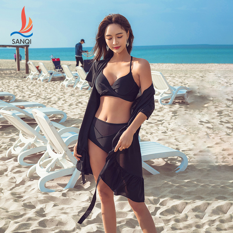 三奇泳衣女时尚性感优雅比基尼罩衫泳装套装聚拢系带高腰网纱拼接