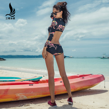 显瘦遮肚泡温泉游泳装 三奇大露背泳衣女士性感连体黑色长袖 三角裤