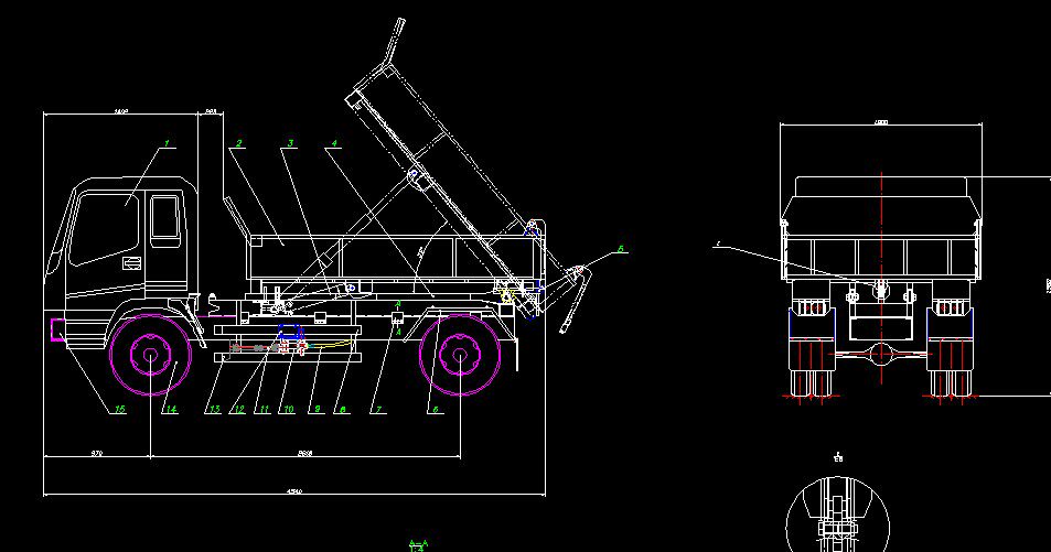 自卸车举升机构和车厢设计2d图机械cad 说明素材