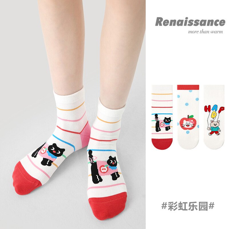 Renaissance袜子女夏季薄款船袜吸汗透气卡通可爱小熊棉袜短袜