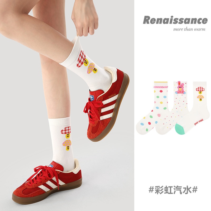 Renaissance原创女袜春夏季彩虹波点中筒袜卡通蘑菇精梳棉袜子女