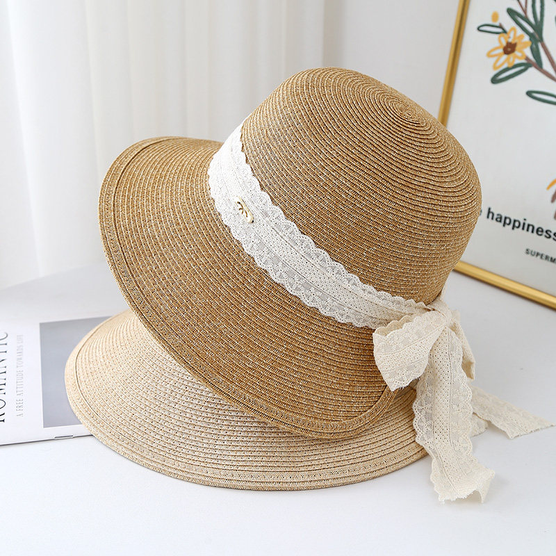 2025新款蕾丝蝴蝶结飘带沙滩帽女夏遮阳防晒卷边渔夫帽子海边度假