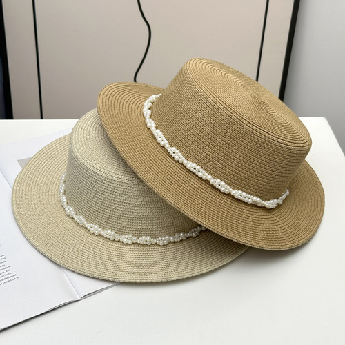 法式复古珍珠链条平顶草帽