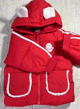 【A065】bby女童小熊羽绒服白鸭绒宽松大口袋红色可爱外套100码
