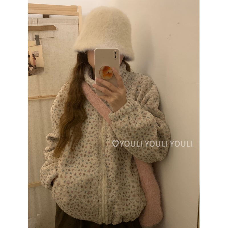 YOULI尤梨韩系复古小众碎花羊羔毛外套女宽松百搭保暖毛衣外套