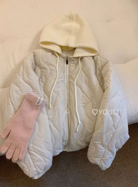 YOULI尤梨韩系加厚保暖棉服秋冬宽松百搭系带棉衣外套可拆卸帽子