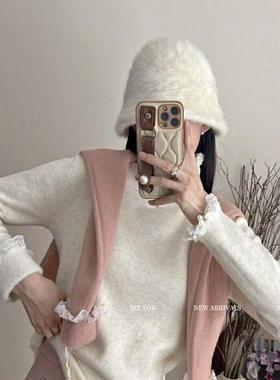 蕾丝花边显瘦加绒打底套头上衣女保暖半高领针织衫秋冬