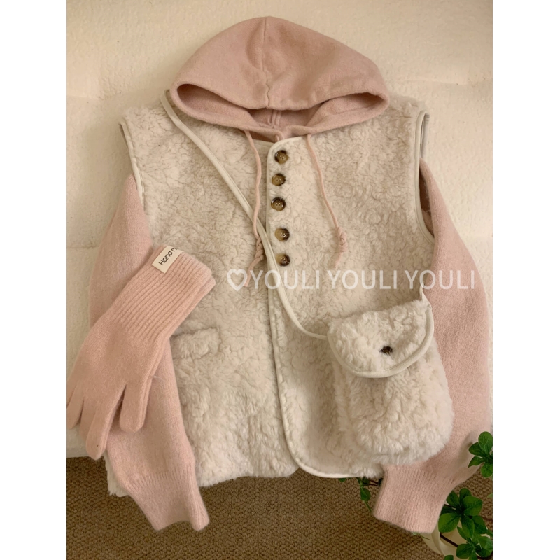YOULI尤梨纯色百搭韩系加厚系带抽绳连帽针织套头针织毛衣女