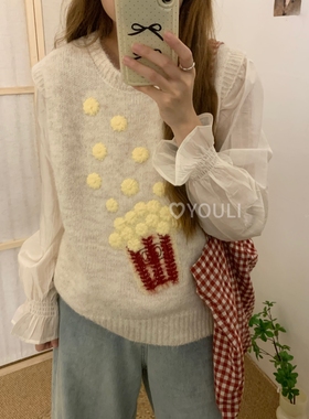YOULI尤梨韩系复古设计感针织马甲女宽松针织衫叠穿爆米花马甲