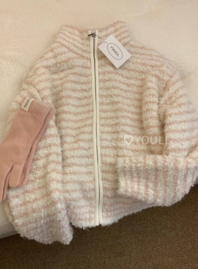 YOULI尤梨韩系条纹外套加厚针织开衫女宽松百搭拉链高领毛衣外套