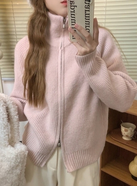 双拉链翻领针织开衫坑条纯色百搭软糯毛衣外套厚实针织毛衣