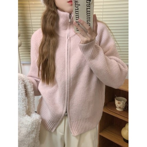 双拉链翻领针织开衫坑条纯色百搭软糯毛衣外套厚实针织毛衣