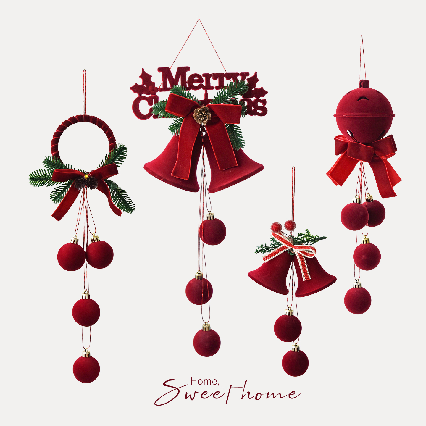 诺琪 圣诞节装饰植绒铃铛挂件圣诞树装饰挂饰酒红植绒球挂件