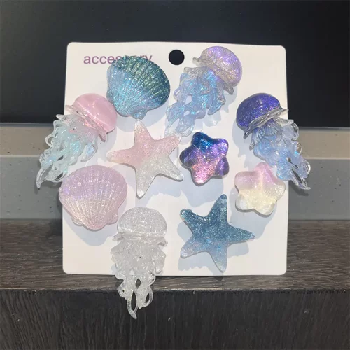新款水母洞洞鞋鞋花高级感星空闪粉贝壳海星渐变水晶鞋可拆卸装饰
