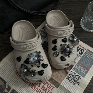 高级感黑色水墨花朵洞洞鞋配饰 鞋花diy 钻石装饰鞋扣女