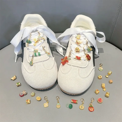 新年马年鞋带扣高级中国风玉石沙金鞋花装饰马上有钱元宝麻将配饰