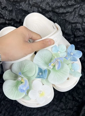 空谷幽兰薄荷绿蝴蝶兰鞋花高级感鞋扣个性创意唯美春季洞洞鞋鞋扣