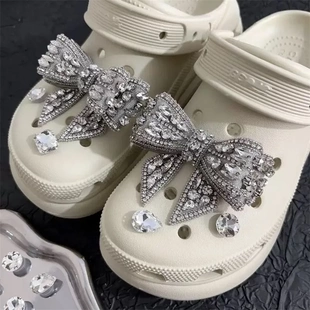 高级轻奢大蝴蝶结钻银色黑色重工鞋花洞洞鞋配饰可拆卸DIY鞋配