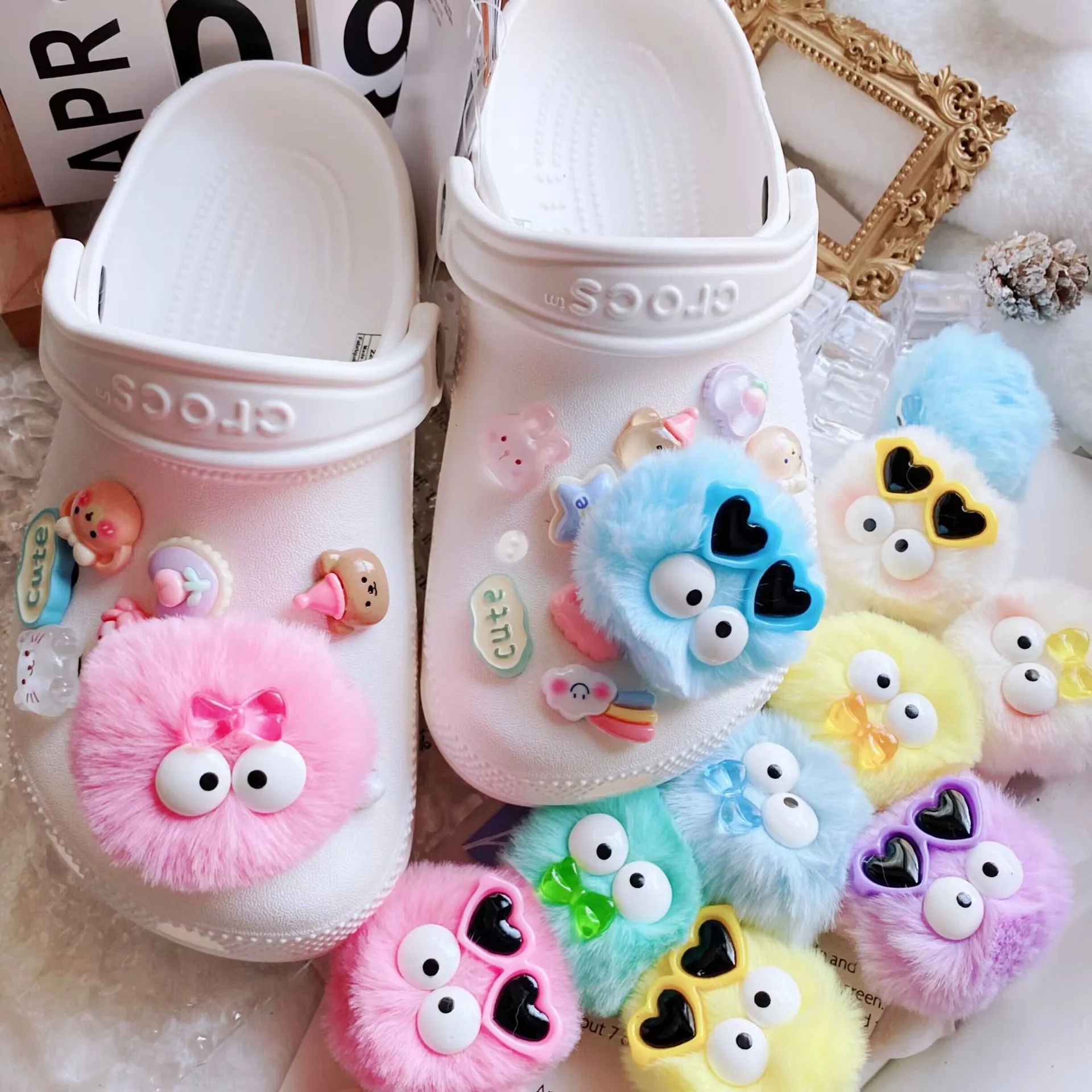 韩国ins蝴蝶结鞋花毛球毛绒眼睛眼镜糖果crocs配饰洞洞鞋鞋扣diy