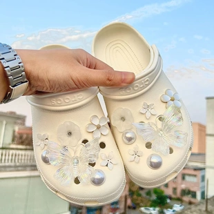 洞洞鞋鞋扣diy配饰亚克力透明蝴蝶唯美白色花朵可拆卸鞋扣鞋花