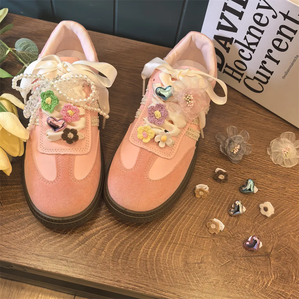 韩国同款毛线小花鞋扣芭蕾珍珠蝴蝶结鞋花德训鞋装饰爱心鞋带扣