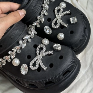 珍珠大蝴蝶结石钻链条鞋花洞洞鞋花配饰鞋扣高级diy可拆卸配件