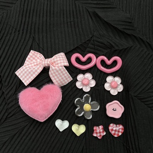 粉色可爱复古爱心少女洞洞鞋鞋花crocs鞋扣配饰diy毛绒蝴蝶结配件