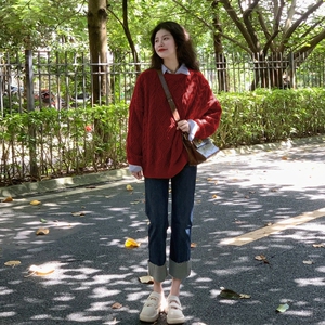 红色毛衣女早秋季2023秋装新款爆款别致绝美小个子打底衫内搭上衣