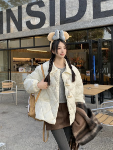 实拍实价！  小个子菱格保暖加厚牛角扣棉服外套女