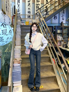 实拍  叠穿搭档 麻花纹理针织背心马甲+白蓝条纹衬衫