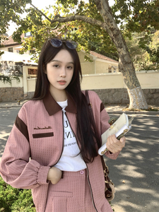 实拍实价~减龄洋气时尚宽松棒球服外套+小个子显高穿搭百褶半身裙