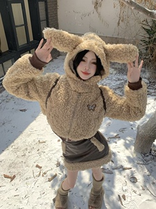 实拍 设计感套装女秋冬可爱兔耳朵加厚保暖毛绒外套加绒半身裙