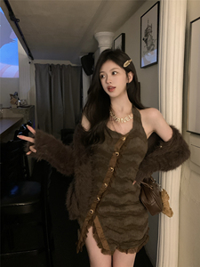 实拍实价~奶欲芭比 慵懒风开衫毛衣外套女收腰显瘦辣妹挂脖短裙