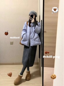 2023冬季新款零感轻型自带羽绒围巾短款奶蓝色小个子羽绒服厚外套