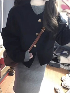 黑色毛呢外套内搭针织连衣裙套装女秋冬冬装搭配一整套盐系两件套