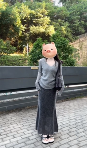 成熟御姐套装针织衫v领长袖毛衣鱼尾半身裙两件套冬装搭配一整套