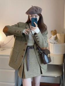富家千金小香风法式羊毛西装半身裙套装高级西服女气质高腰A字裙
