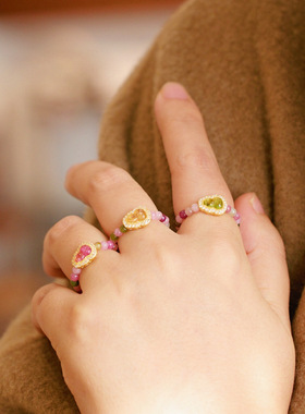 天然碧玺戒指女彩虹碧玺葫芦戒指感气质指环国风戒指礼物小众设计