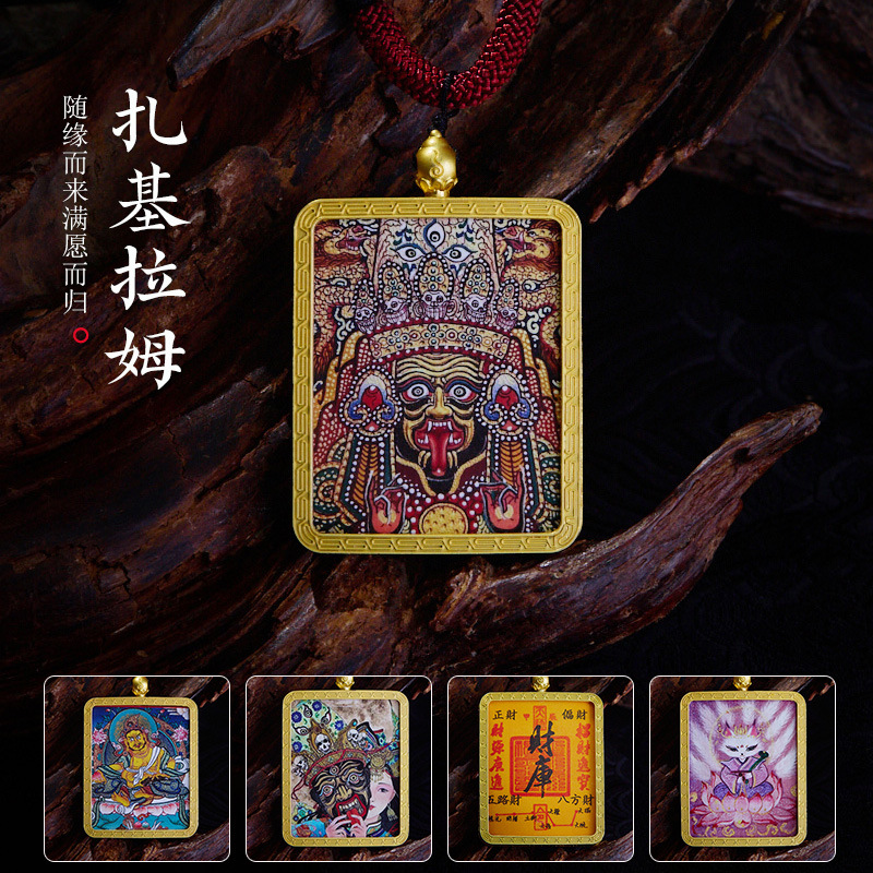 藏式金色唐卡项链五爷绿度母项坠